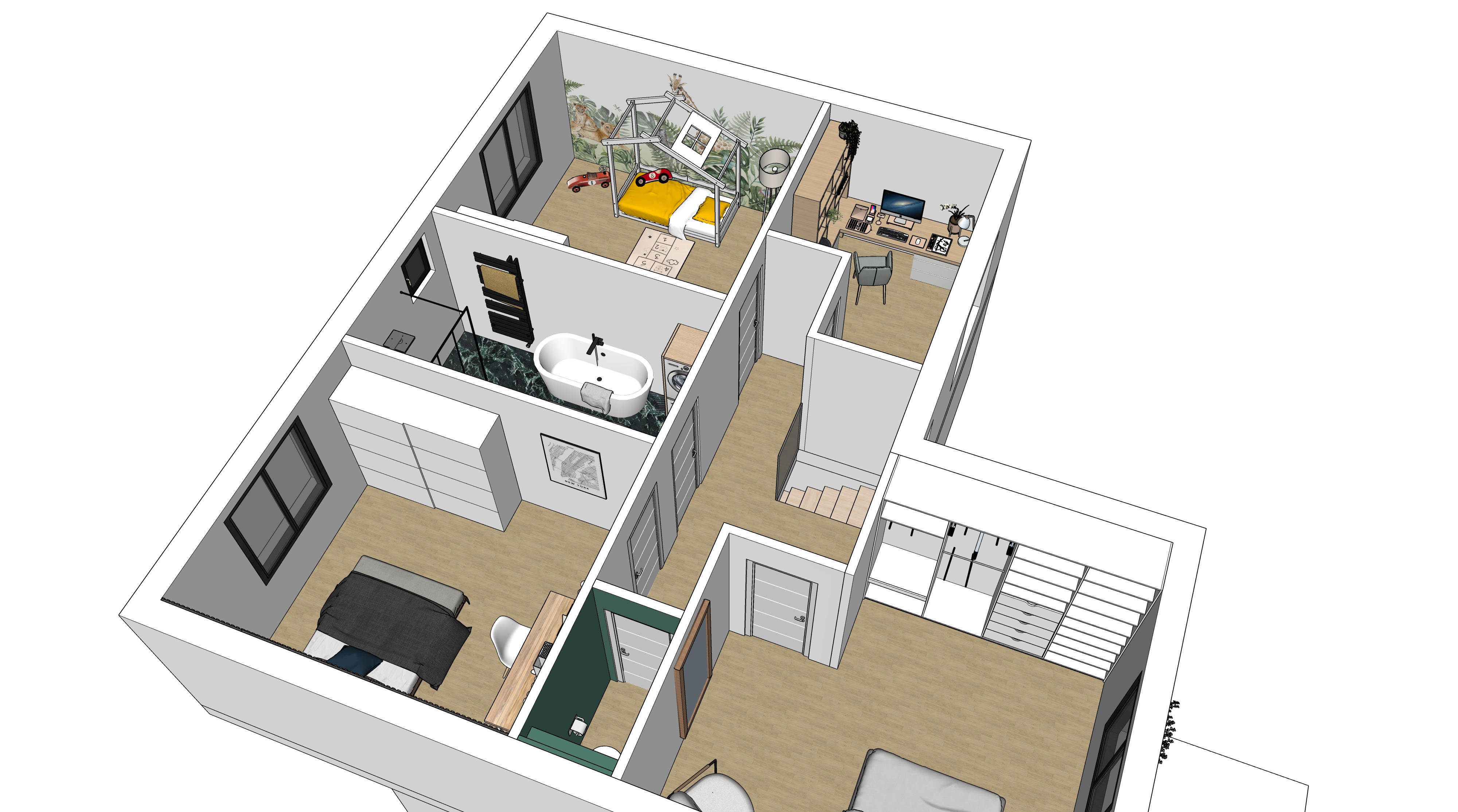 Conception d'une maison R+1 sur un terrain à vendre. Maison avec 3 chambres, bureau, grande salle de bains