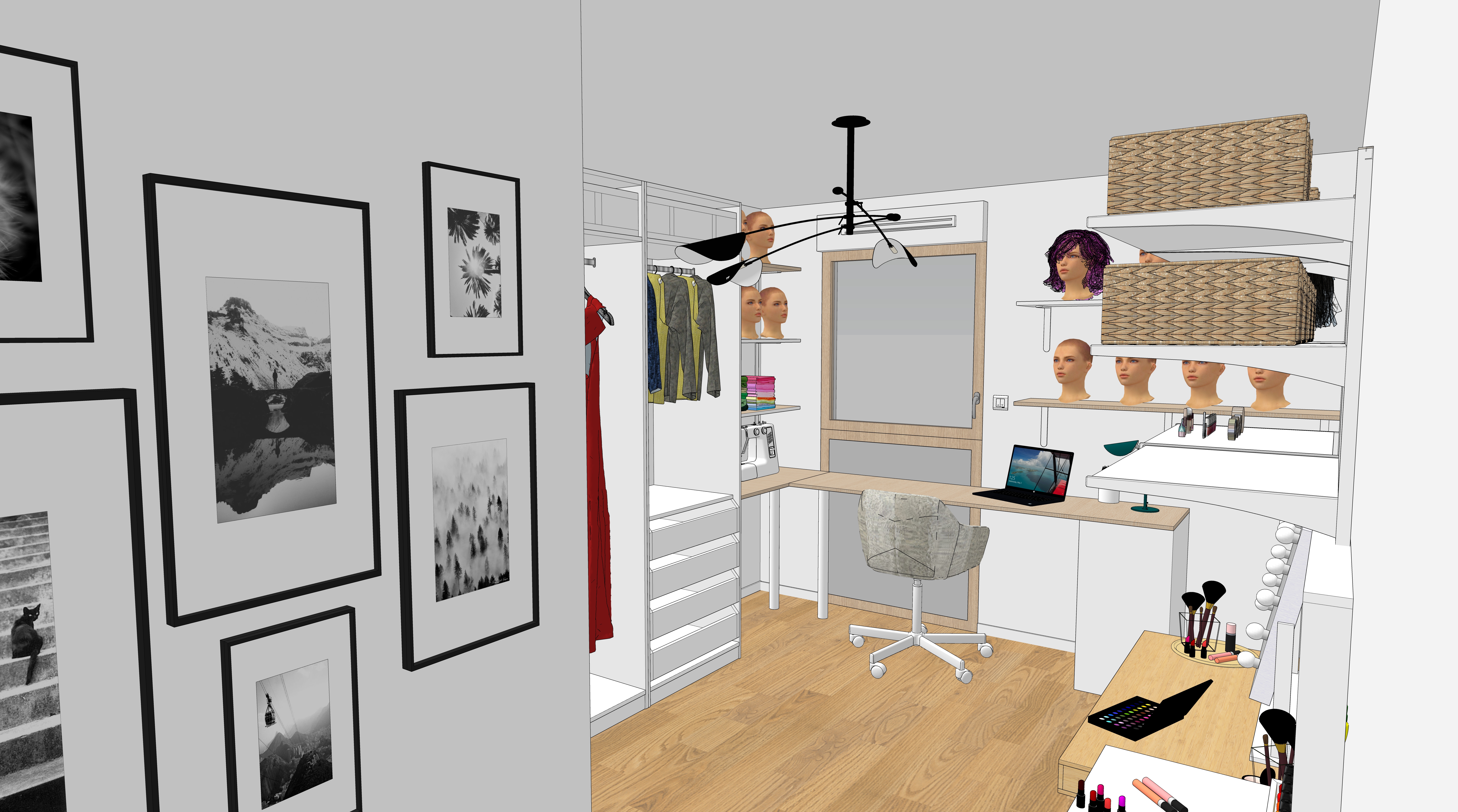 Aménagement d'un atelier dragqueen avec espace couture et maquillage