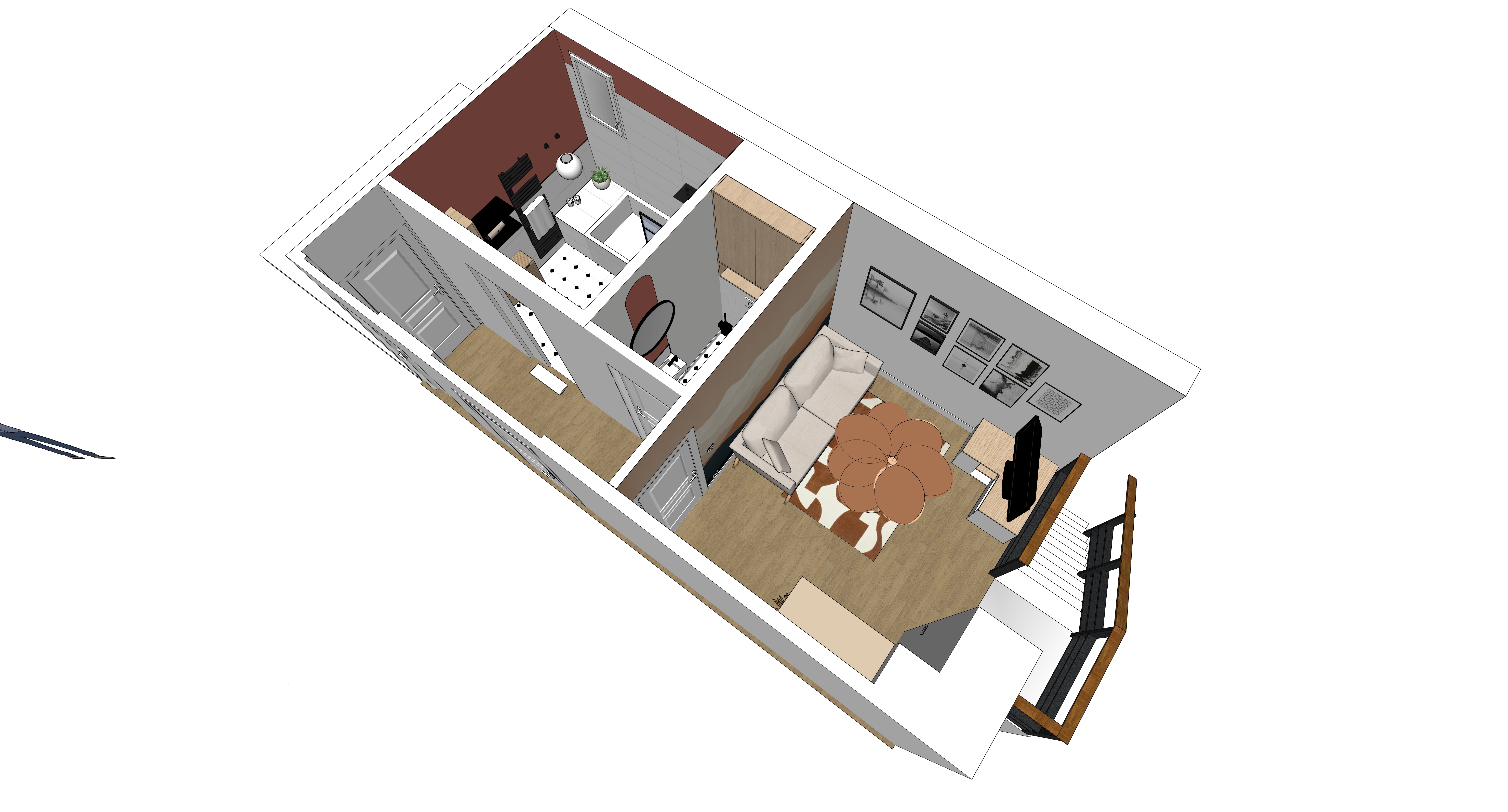 Agencement et aménagement d'une salle de bains, avec toilettes séparés et coin salon télé